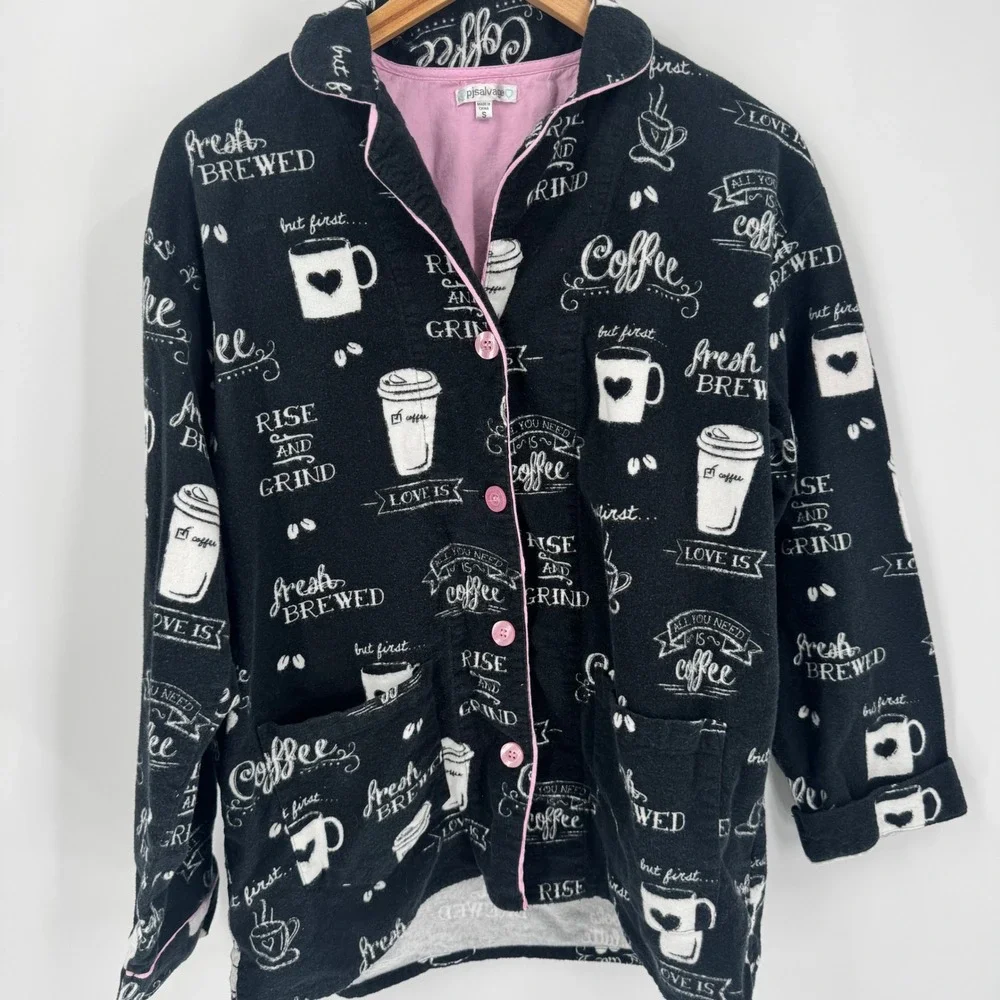 PJ Salvage Pajama Set Women S Black Coffee Print Flannel Button Front Pants - Picture 4 of 12